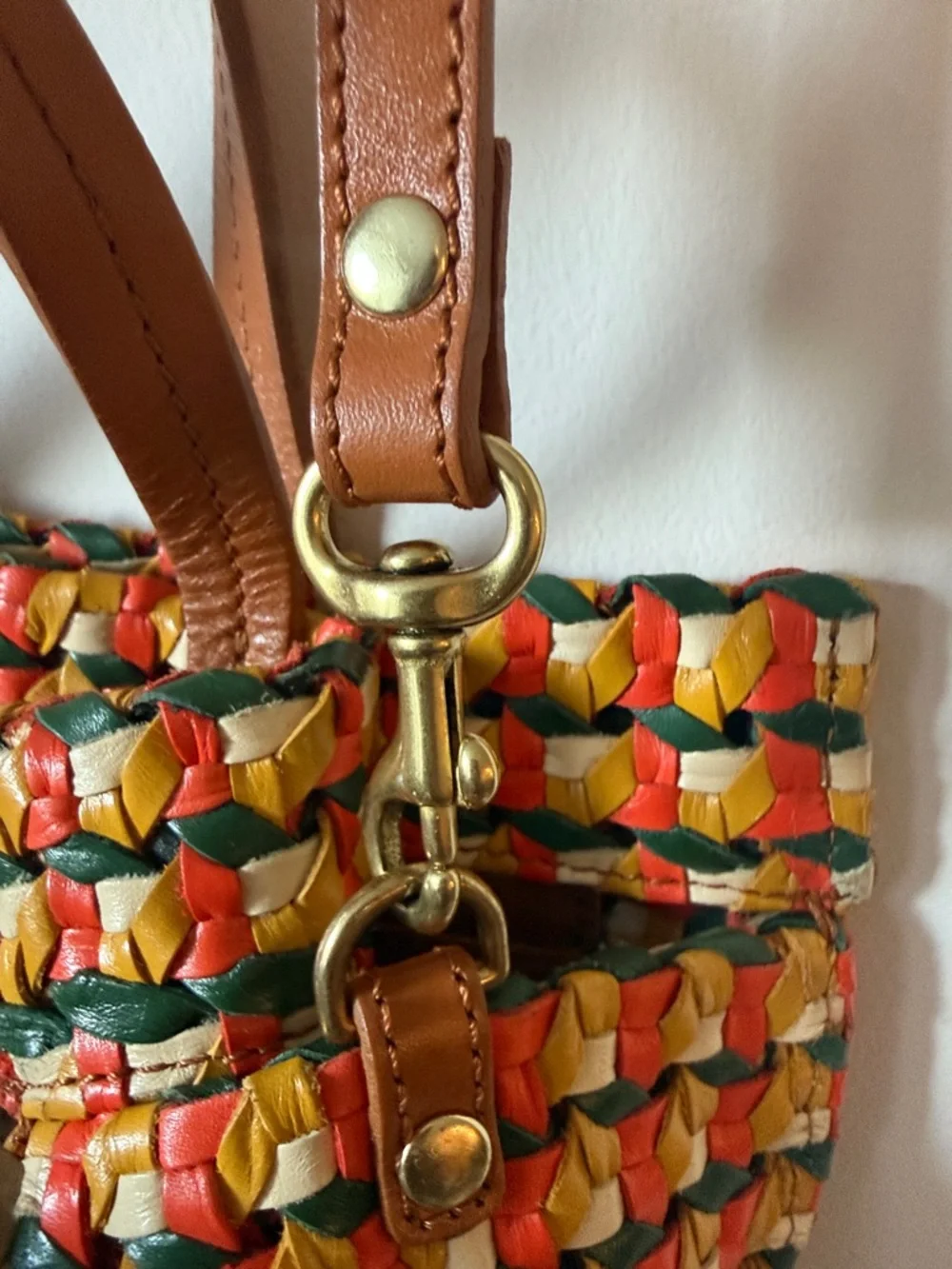 Clare V Multicolor Woven Tote in Red, Yellow & Green with Brown Handles - Picture 11 of 13
